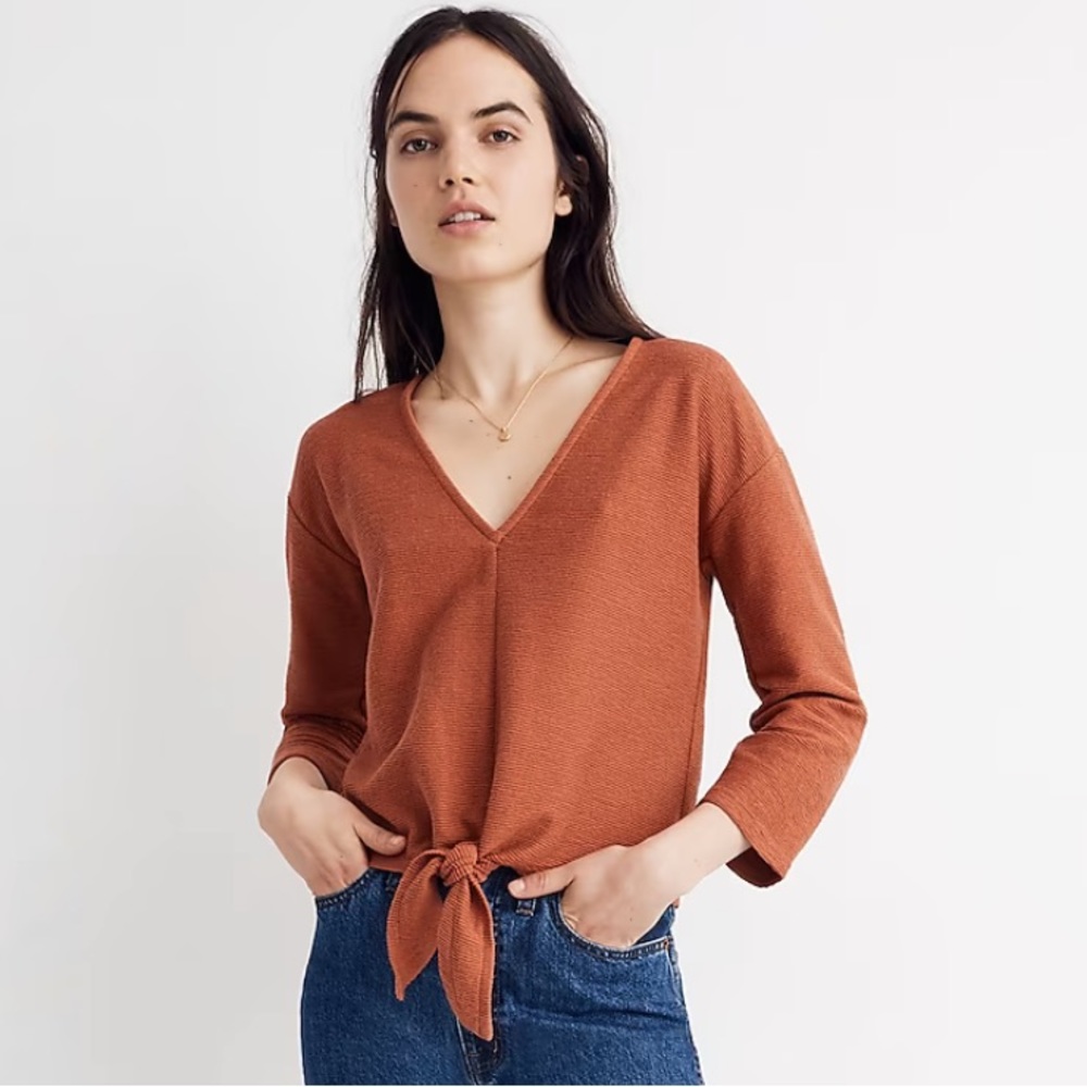 Madewell Texture & Thread Long-Sleeve Tie-Front Top in Rust Orange